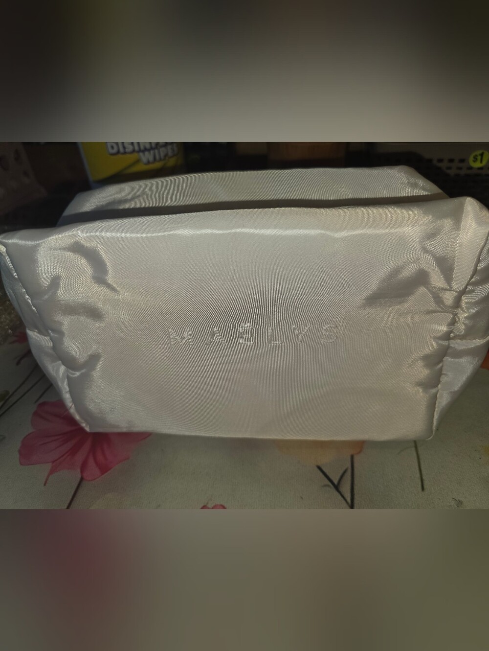 Embellished Satin Cosmetic Case in Light Silver